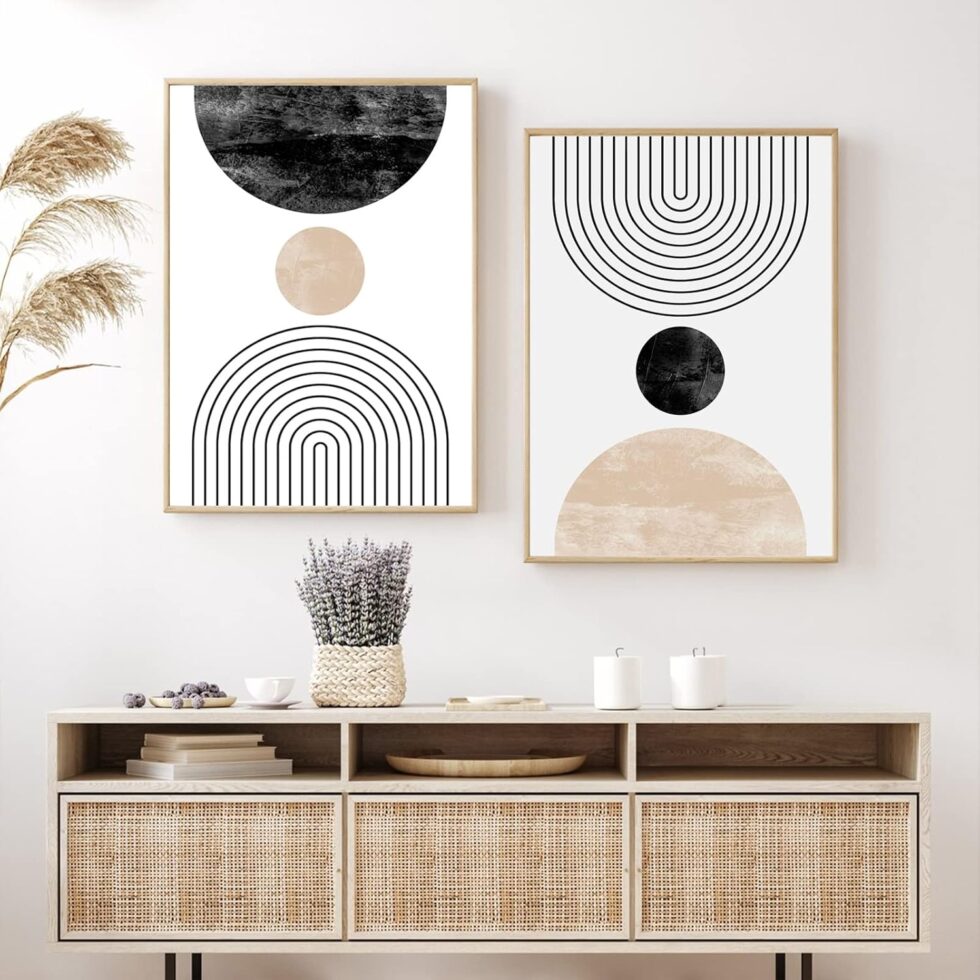 Mid Century Modern Wall Art Prints Set of 2, Neutral Abstract Geometric Wall Art Boho Canvas Prints Mid Century Eoind Wall Decor Modern Abstract Pictures Artwork for Home Room 16x24 Inch Unframed