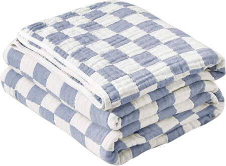 6-Layer Gauze Muslin Blanket 100% Cotton Blue Checkerboard Queen Size 90"x90" Cooling Throw Blanket Lightweight Soft and Breathable Cozy Blanket Bed Coverlet Both Sides (Blue Checkerboard, Queen)