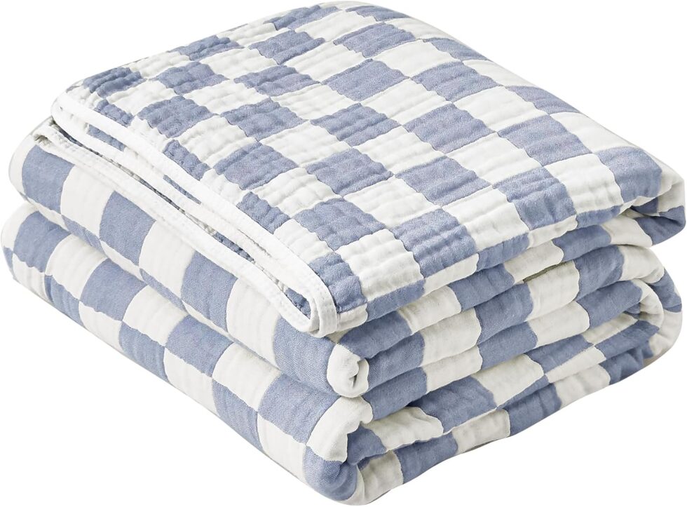 6-Layer Gauze Muslin Blanket 100% Cotton Blue Checkerboard Queen Size 90"x90" Cooling Throw Blanket Lightweight Soft and Breathable Cozy Blanket Bed Coverlet Both Sides (Blue Checkerboard, Queen)