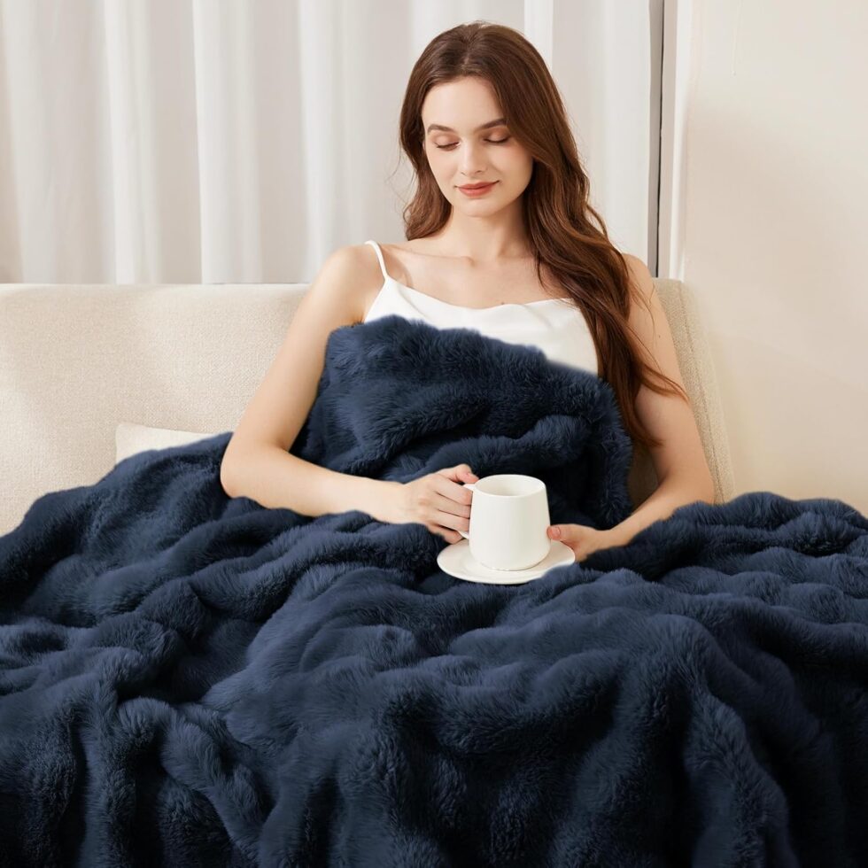 Faux Rabbit Fur Throw Blanket for Couch, Fluffy Warm Plush Thick Bubble Blanket for Bed Sofa Living Room, Soft Cozy Furry Blanket, 50x60 inches, Navy Blue