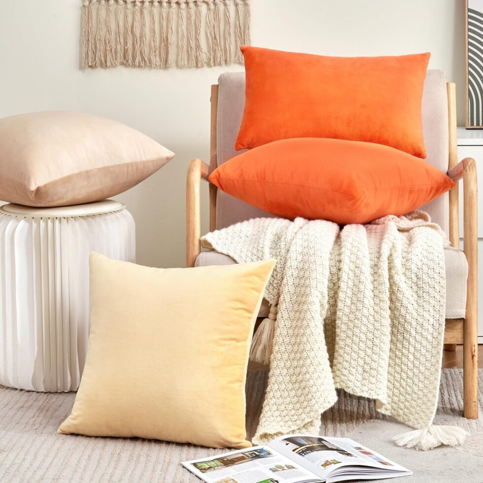 Fall Orange Throw Pillow Covers Decorative Velvet Set of 2 18x18 Inch Pillow Covers, Soft Burnt Orange Pillowcases for Couch Sofa Bed Living Room, Farmhouse Boho Decor, Accent Cushion Covers