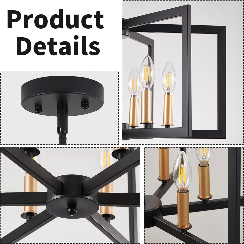 Black Chandelier, Dining Room Light Fixture Geometric Metal Modern Industrial Chandelier Lighting for Farmhouse Living Room Entryway Kitchen (E12 Bulbs Not Included, 6 Light, Black Gold)