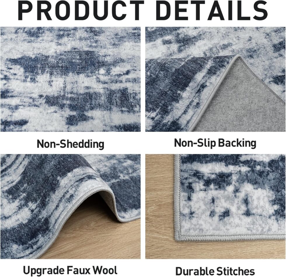 4x6 Area Rugs Washable Rug: Modern Abstract Living Room Rug Soft Anti-Skid Thin Carpet Indoor Floor Non-Shedding Carpets for Bedroom Dining Room Farmhouse Nursery Home Office Blue Grey