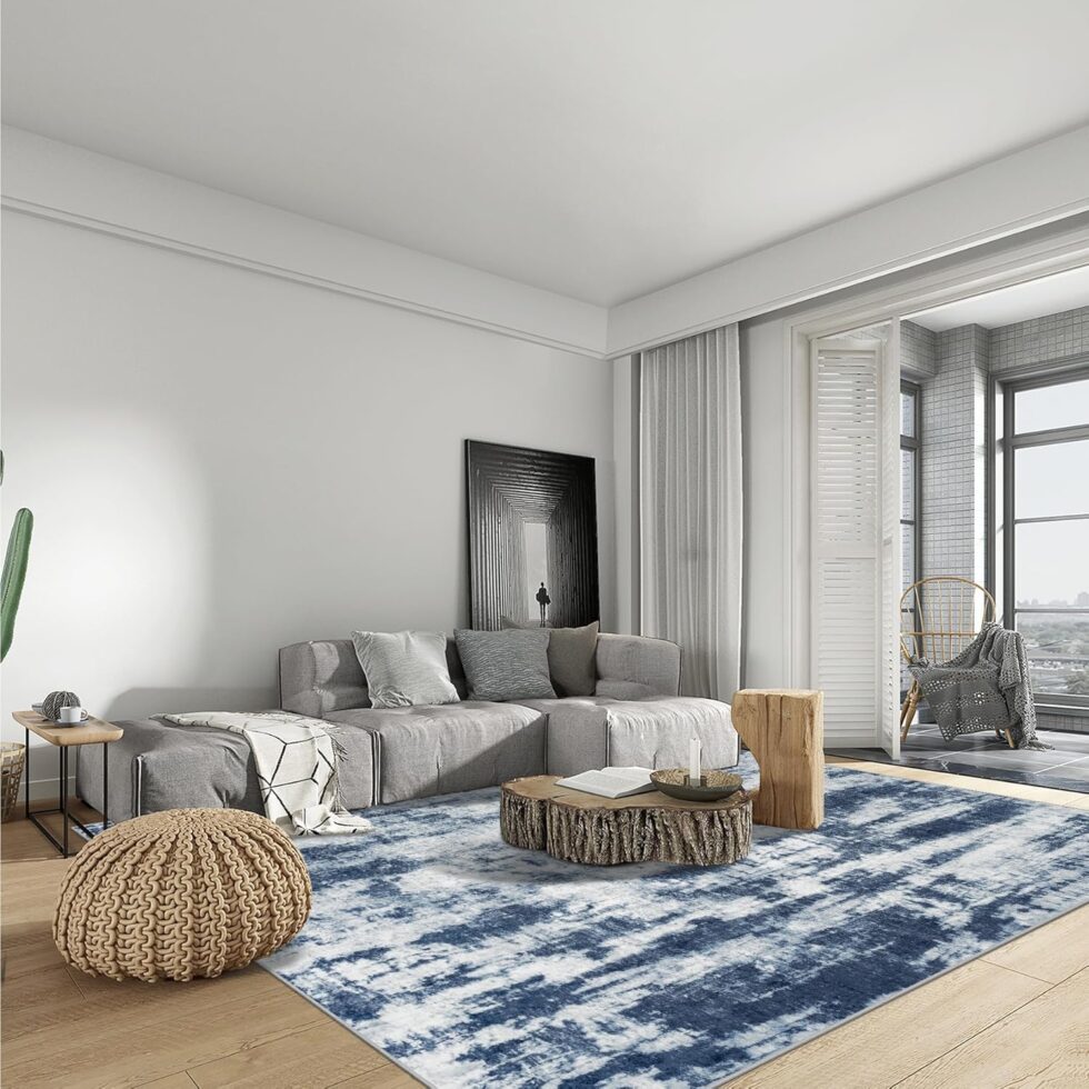 4x6 Area Rugs Washable Rug: Modern Abstract Living Room Rug Soft Anti-Skid Thin Carpet Indoor Floor Non-Shedding Carpets for Bedroom Dining Room Farmhouse Nursery Home Office Blue Grey