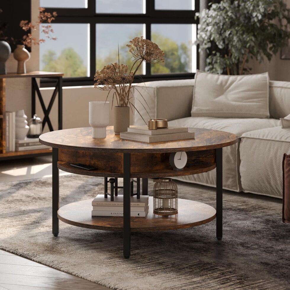 FABATO Round Lift Top Coffee Table with Storage and Hidden Compartment, 26.77'' Farmhouse Coffee Table for Living Room Reception Room, 2 Tier Small Round Coffee Table Circle Dining Table, Rustic Brown