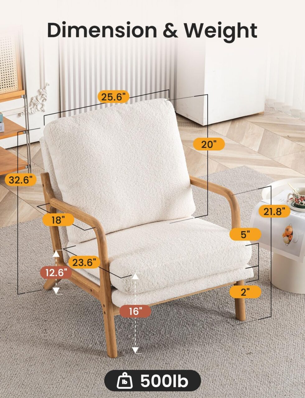Mid Century Modern Accent Chairs for Living Room, 23” Wide Comfy Chair for Bedroom, Small Cozy Sherpa Reading Chairs for Adults, 108° Lounge Arm Chair with Detachable Cover, 5.5" Foam Cushion