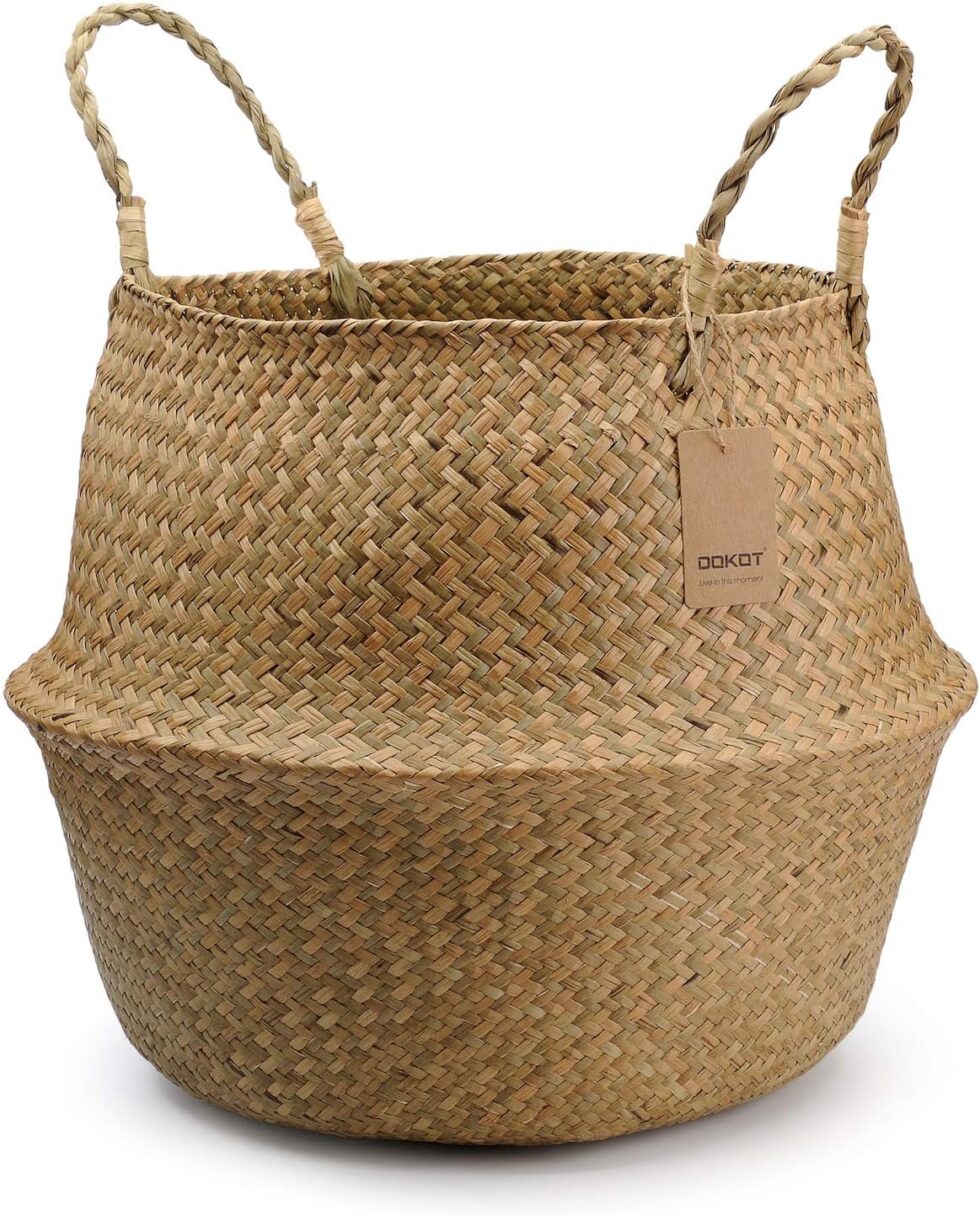 Large Seagrass Plant Basket with Handles, Wicker Woven Storage Basket (14.1“ Diameter x 13.8" Height), Natural)