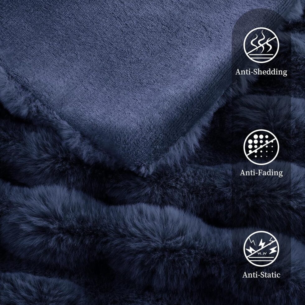 Faux Rabbit Fur Throw Blanket for Couch, Fluffy Warm Plush Thick Bubble Blanket for Bed Sofa Living Room, Soft Cozy Furry Blanket, 50x60 inches, Navy Blue