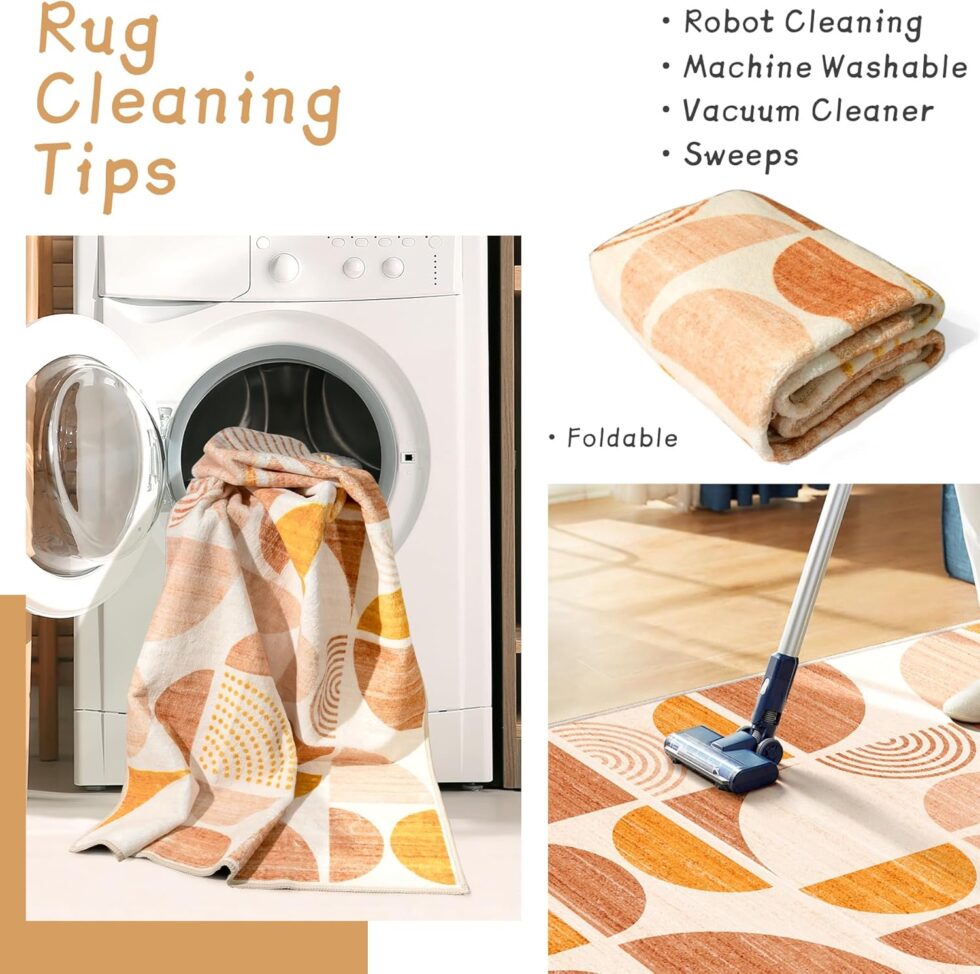 MUJOO Boho Rug Washable,4x6.5 Area Rugs for Bedroom Living Room Bedside Office,Throw Floor Carpet Non Slip Soft Indoor Modern Abstract Bohemian Orange