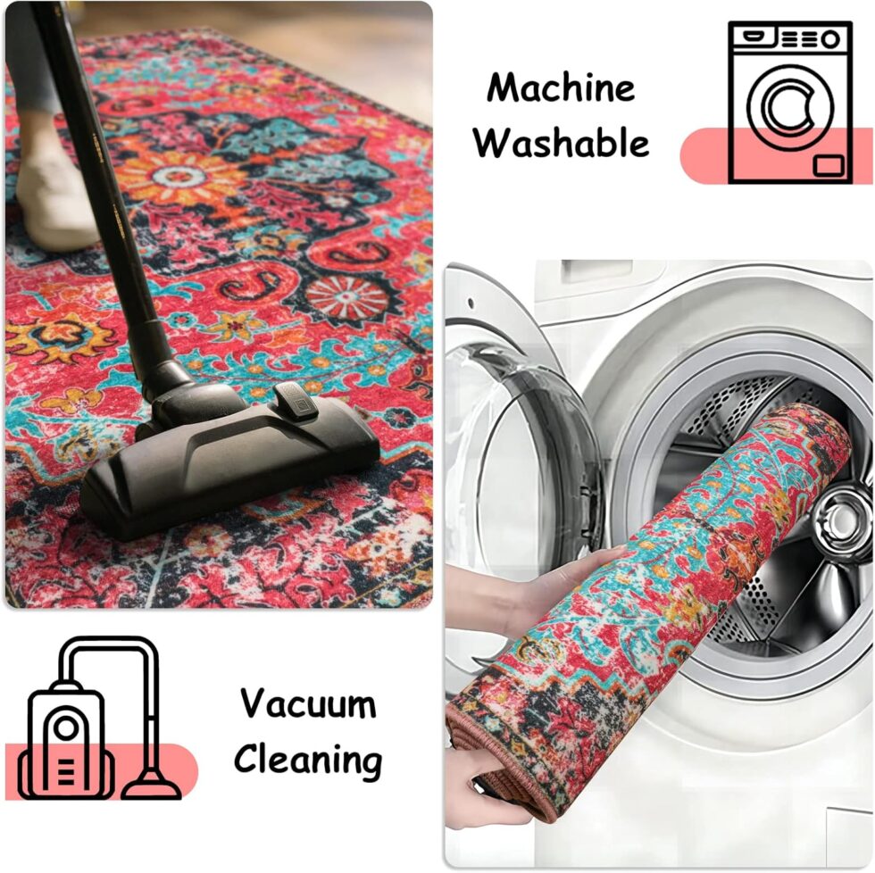 Wonnitar Boho Area Rug, Washable 3x5 Rug for Bedroom Hot Pink Floral Bathroom Throw Rug Non-Slip Vintage Bath Math, Oriental Soft Indoor Carpet for Entry Nursery Girls Room (Hot Pink,3'x5')