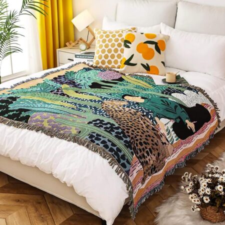 Double-Sided Cotton Woven Throw Blanket with Tassel Jungle Bohemian Style Tapestry Shawl Multi-Function Decorative Throws for Sofa Bed Armchair Camping Blanket Tablecloth Carpet 160x130cm