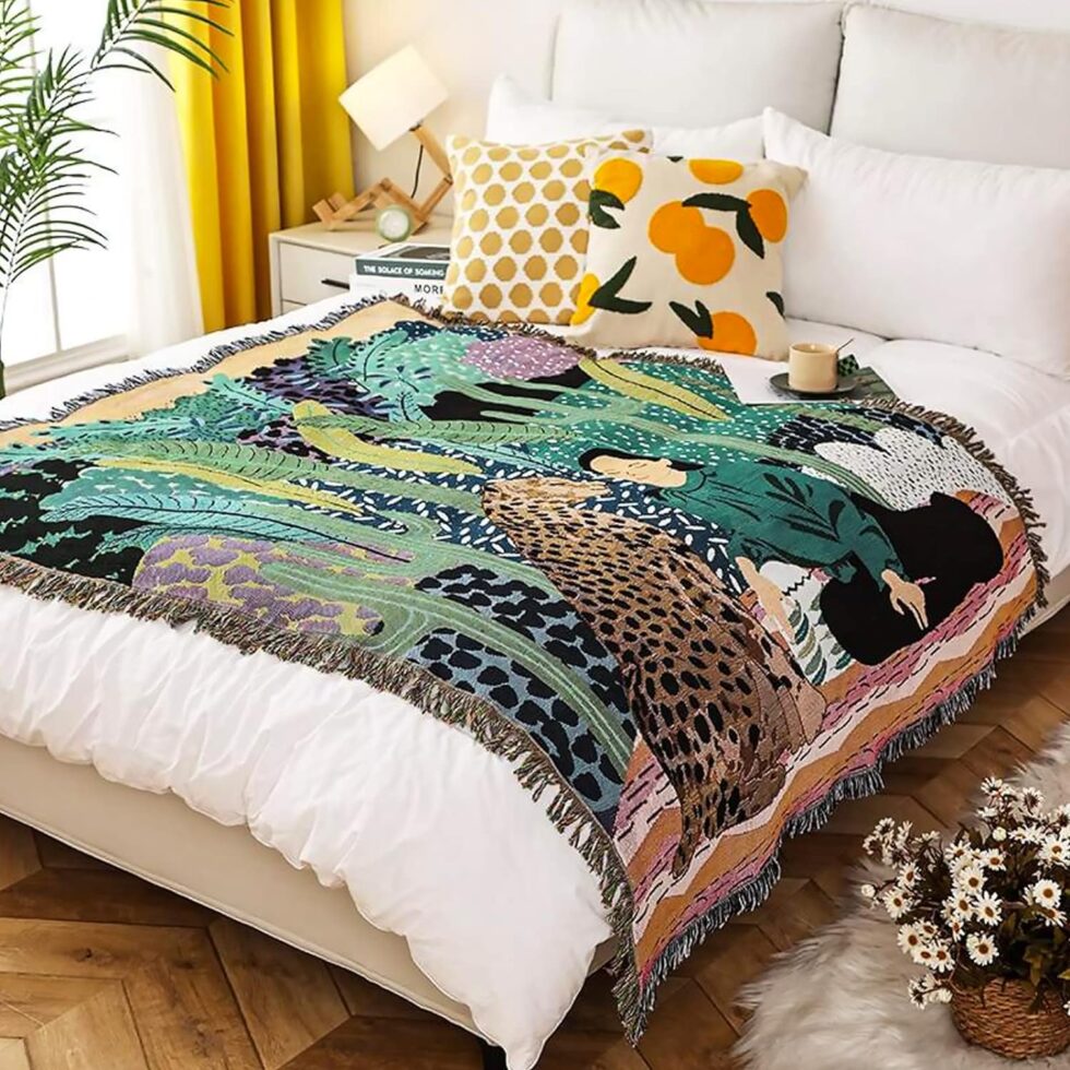 Double-Sided Cotton Woven Throw Blanket with Tassel Jungle Bohemian Style Tapestry Shawl Multi-Function Decorative Throws for Sofa Bed Armchair Camping Blanket Tablecloth Carpet 160x130cm
