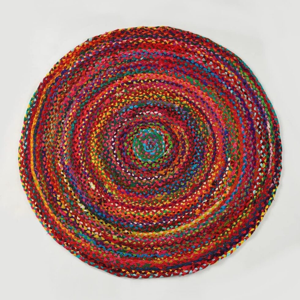 GRUHUM Round Jute Cotton Area Rug 8ft Handwoven Natural Fiber Multicolour Farmhouse Cotton Area Rug Soft Braided Rustic Vintage -Indoor EcoFriendly Kitchen Bedroom Living Hallways Enterways 8'ft Round