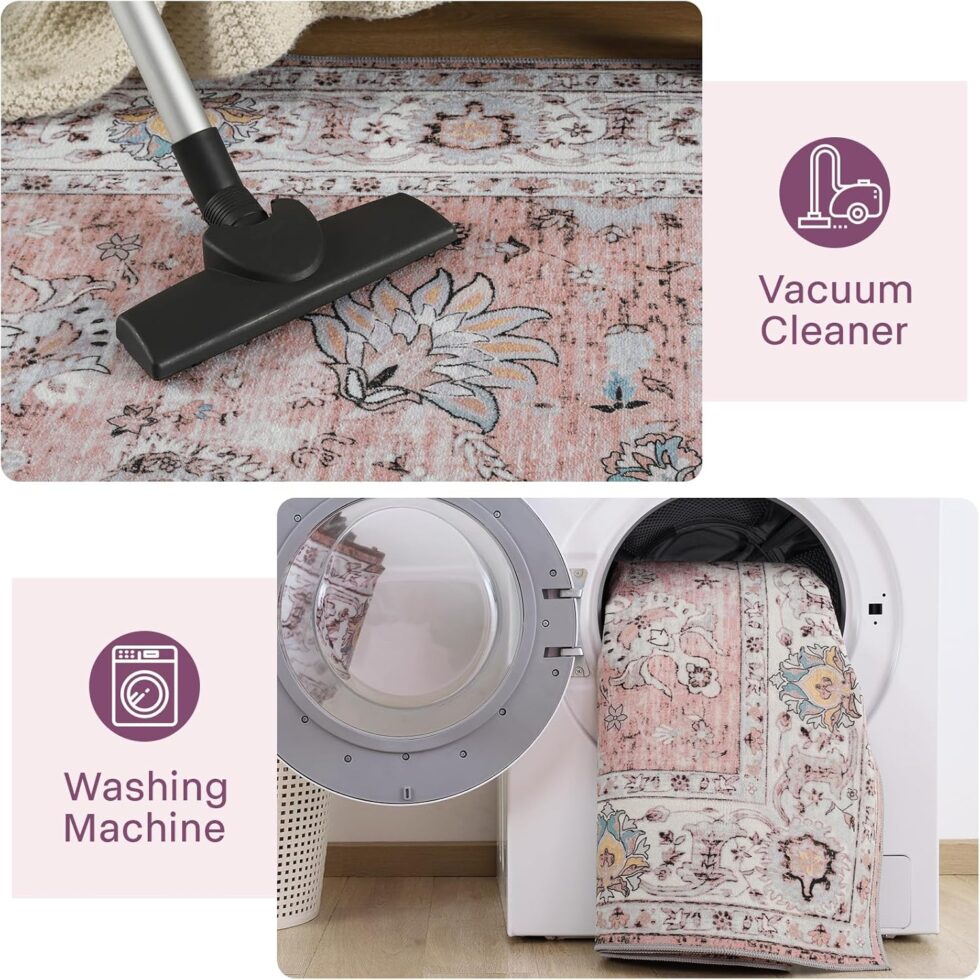 Machine Washable Rug 4x6 Boho Area Rug, Pink Rugs for Bedroom Girls Bedside Living Room Dining Room Office, Anti Slip Low-Pile Stain Resistant Printed Vintage Floral Carpet