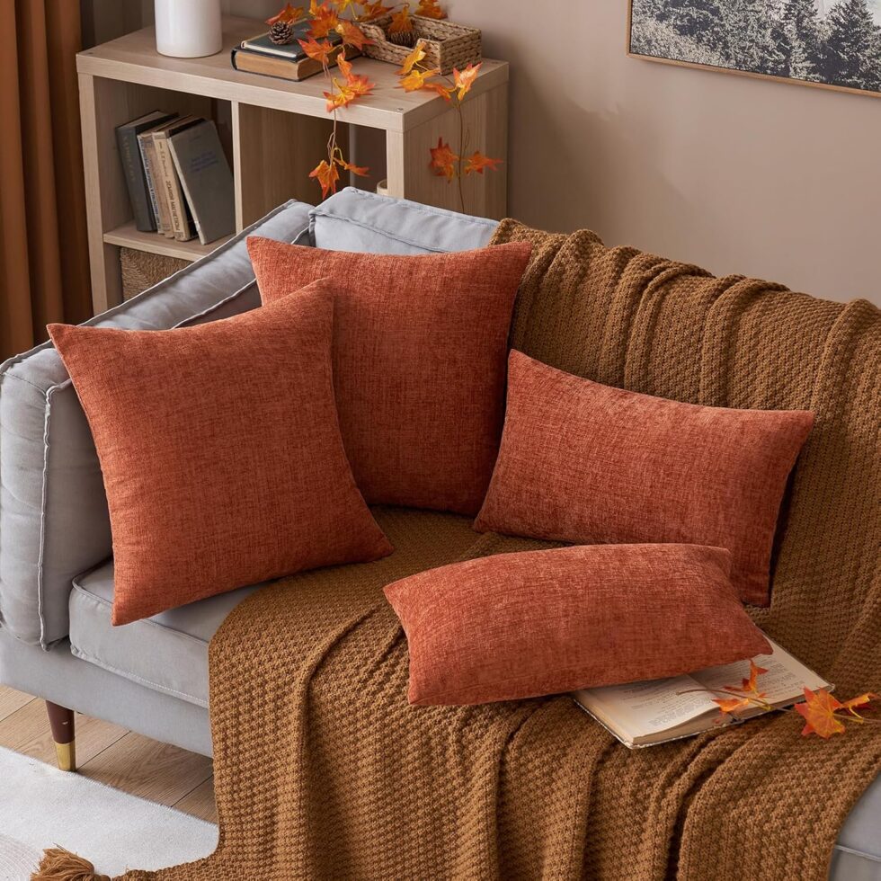 MIULEE Pack of 2 Couch Throw Pillow Covers 18x18 Inch Fall Soft Burnt Orange Chenille Pillow Covers for Sofa Living Room Solid Dyed Pillow Cases