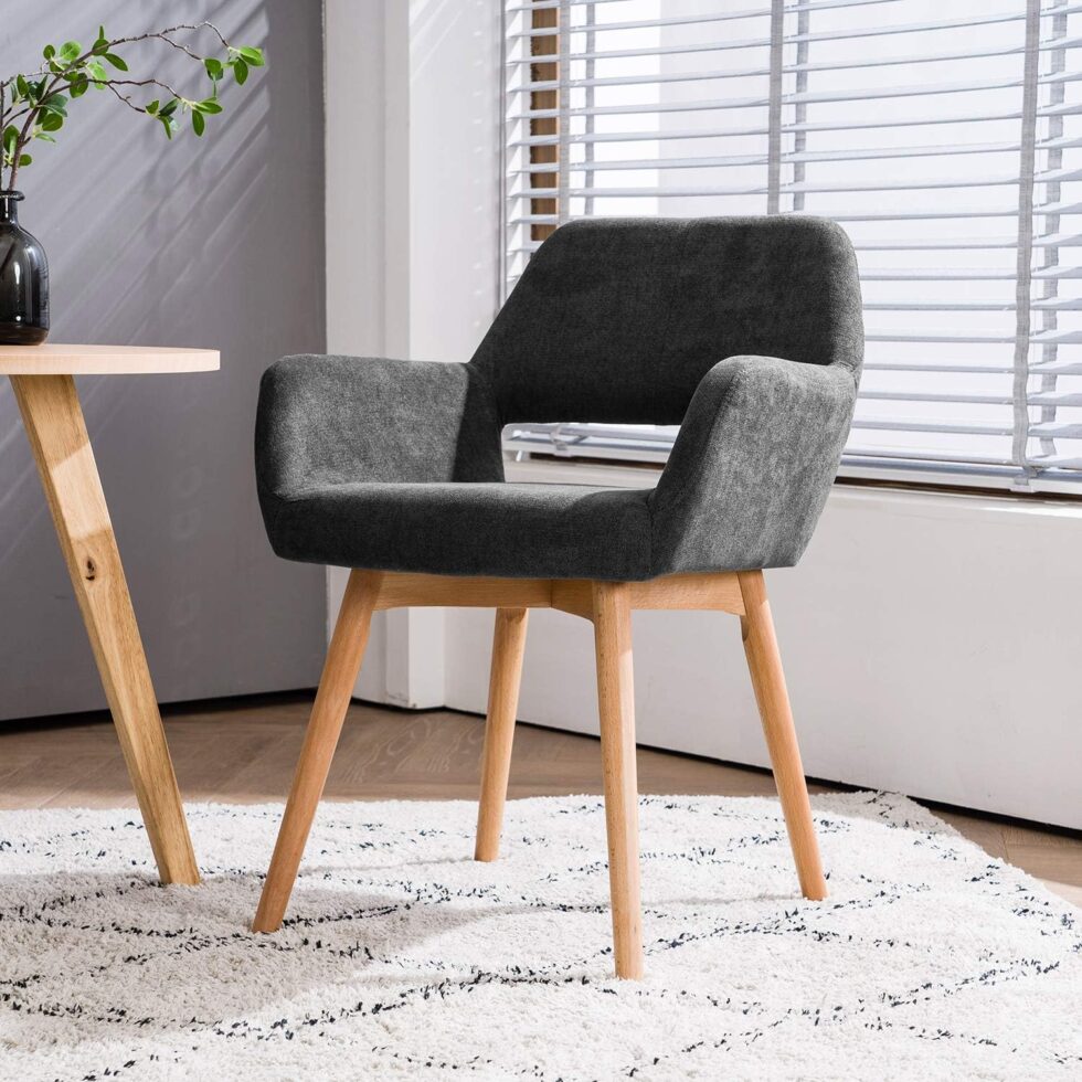 Desk Chair No Wheels Vanity Chair Comfy Accent Chair for Living Dining Room Bedroom Home Office Mid Century Modern Upholstered Armchair with Wood Legs (Charcoal, 1)