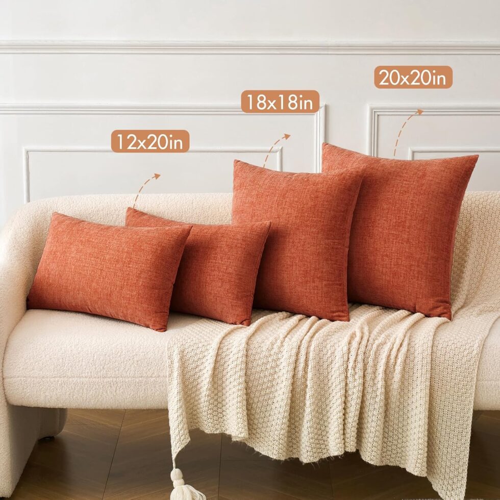 MIULEE Pack of 2 Couch Throw Pillow Covers 18x18 Inch Fall Soft Burnt Orange Chenille Pillow Covers for Sofa Living Room Solid Dyed Pillow Cases