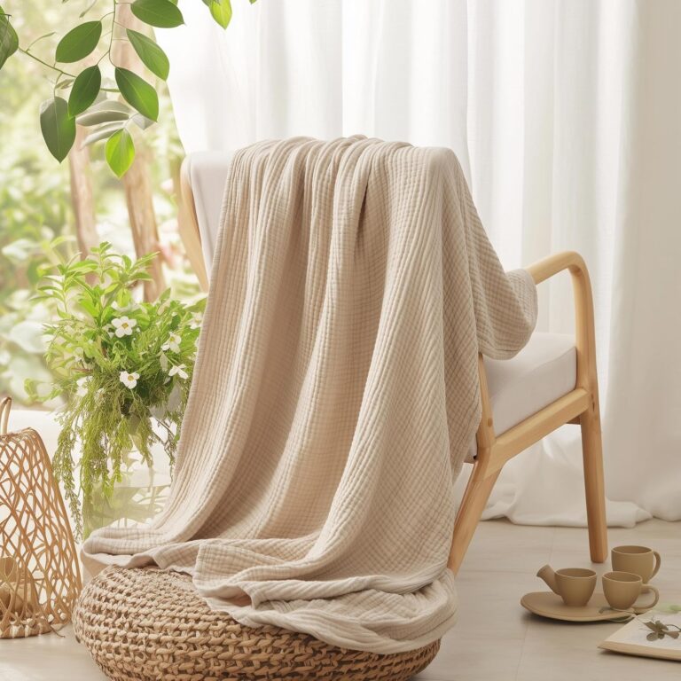 100% Cotton Blanket Large 50"x 70", 6 Layers Muslin Blankets, Cooling and Soft Throw Blanket for Bed and Couch, Breathable Quilt Bedspread, Gauze Bedding for Adults, Oatmeal, Beige Linen