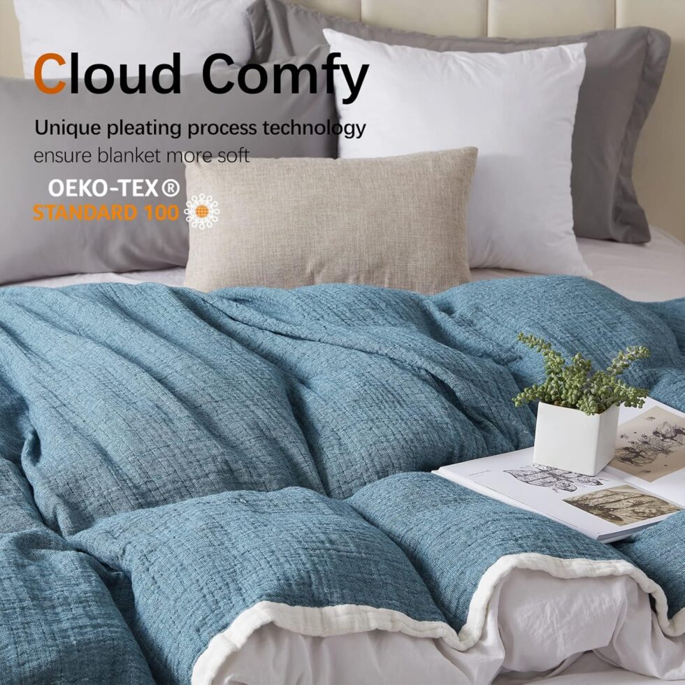 SE SOFTEXLY Cotton Muslin Throw Blanket for Adults,Breathable 4-Layer Yarn Dyed Linen Texture Gauze Blanket for Bed Sofa Couch,Super Soft Light Weight Blanket for All Season（50"x60",Vintage Blue）