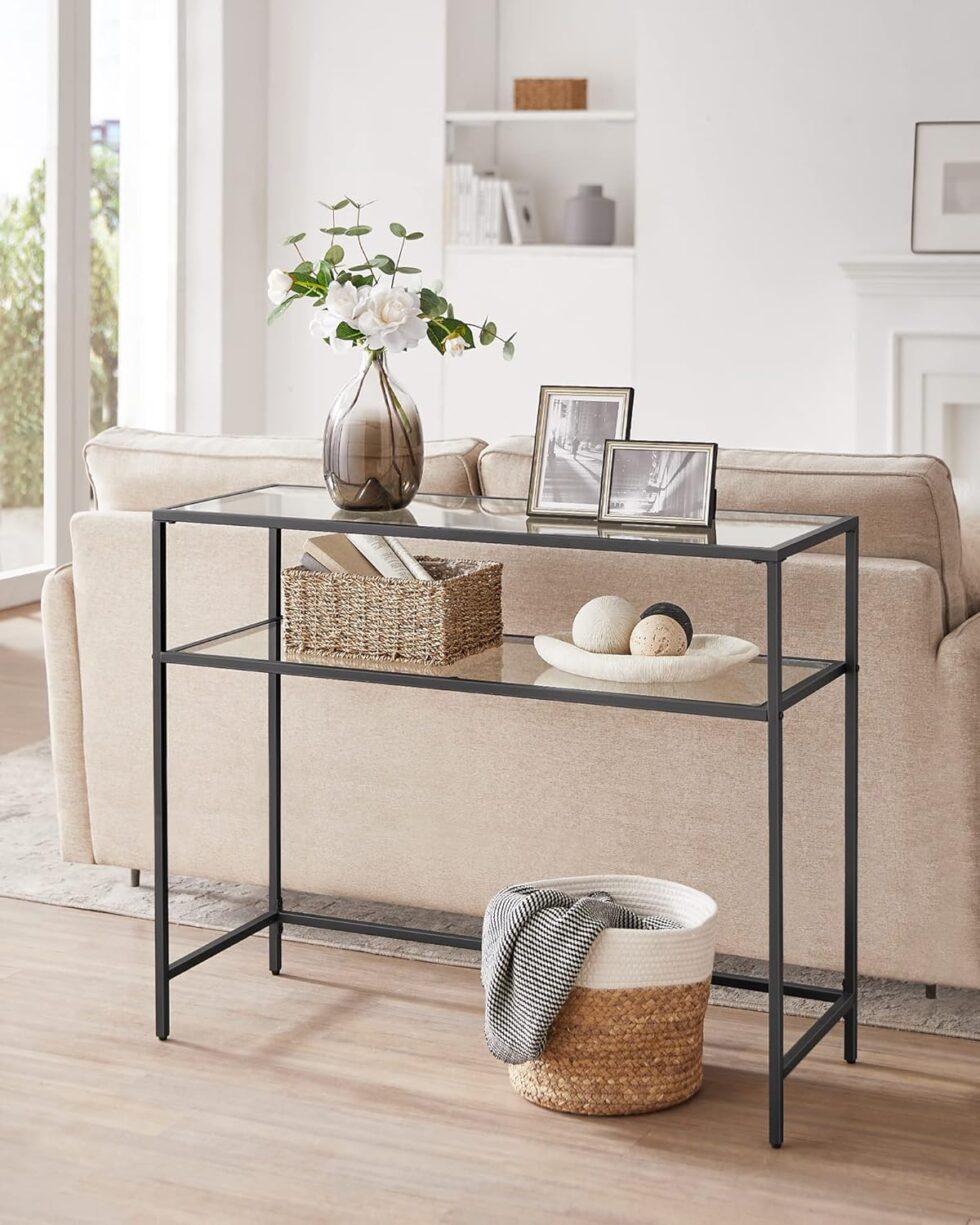 VASAGLE 39.4 Inch Console Sofa Table, Modern Entryway Table, Tempered Glass Table, Metal Frame, 2 Shelves, Adjustable Feet, for Living Room, Hallway, Black ULGT025B01