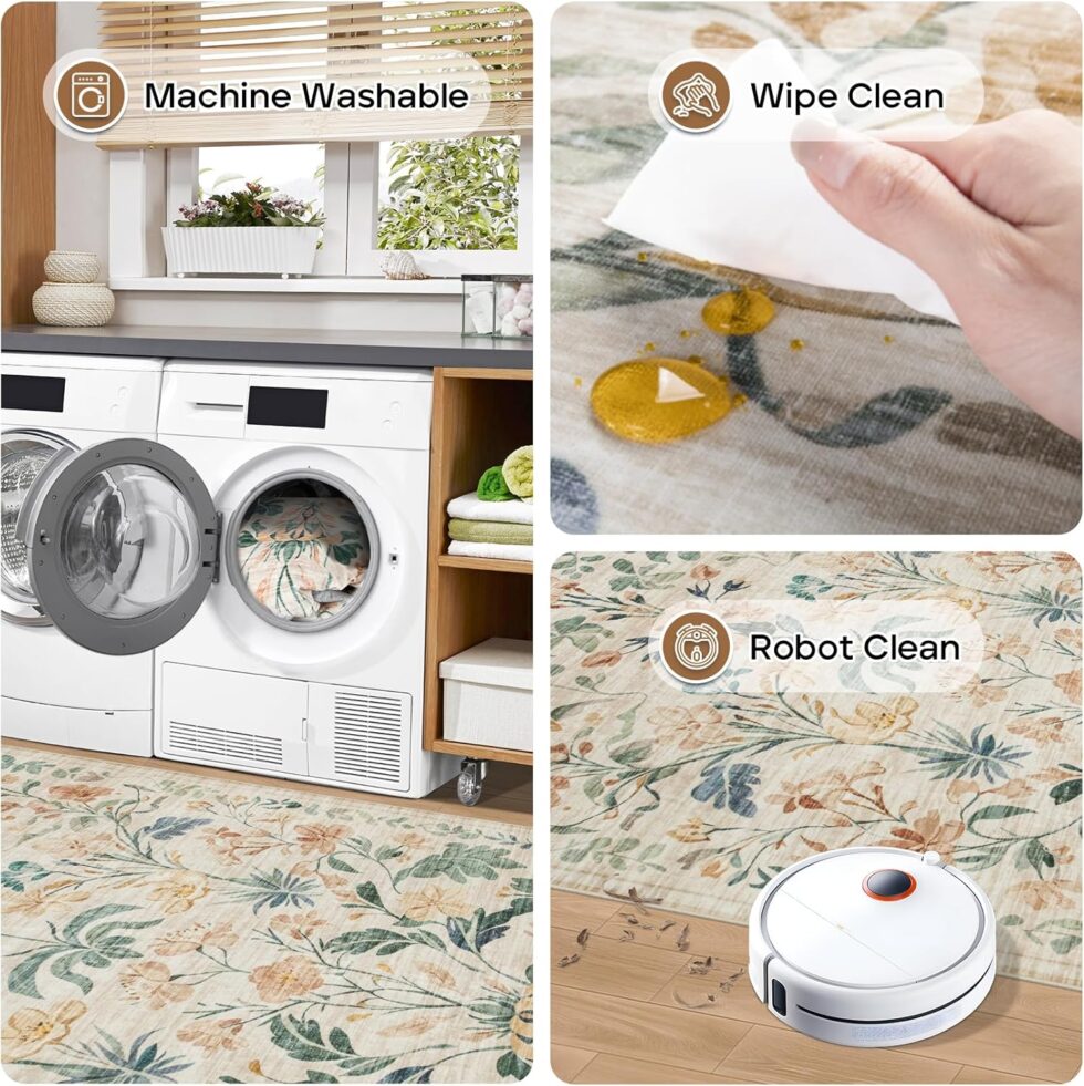8x10 Area Rugs Washable Rug: Lagre Boho Living Room Rug Soft Anti-Skid Thin Carpet Indoor Floor Non-Shedding Neutral Floral Carpets for Bedroom Dining Room Farmhouse Nursery Beige