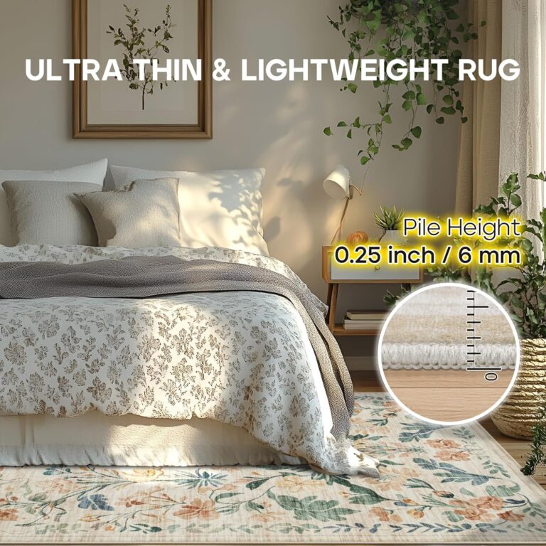 8x10 Area Rugs Washable Rug: Lagre Boho Living Room Rug Soft Anti-Skid Thin Carpet Indoor Floor Non-Shedding Neutral Floral Carpets for Bedroom Dining Room Farmhouse Nursery Beige