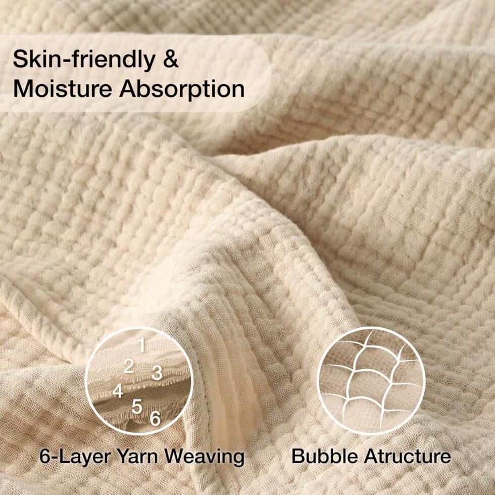 100% Cotton Blanket Large 50"x 70", 6 Layers Muslin Blankets, Cooling and Soft Throw Blanket for Bed and Couch, Breathable Quilt Bedspread, Gauze Bedding for Adults, Oatmeal, Beige Linen