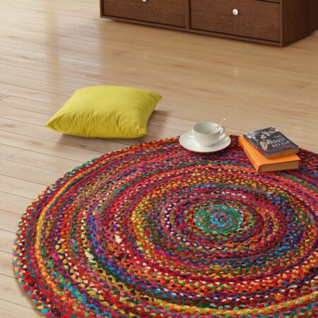 GRUHUM Round Jute Cotton Area Rug 8ft Handwoven Natural Fiber Multicolour Farmhouse Cotton Area Rug Soft Braided Rustic Vintage -Indoor EcoFriendly Kitchen Bedroom Living Hallways Enterways 8'ft Round