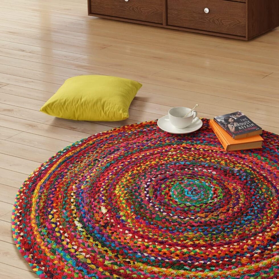 GRUHUM Round Jute Cotton Area Rug 8ft Handwoven Natural Fiber Multicolour Farmhouse Cotton Area Rug Soft Braided Rustic Vintage -Indoor EcoFriendly Kitchen Bedroom Living Hallways Enterways 8'ft Round
