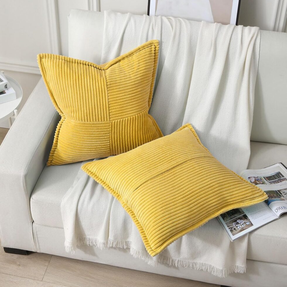 HAUSSY Mustard Yellow Throw Pillow Covers 20x20 Inch Set of 2,Soft Solid Corduroy Striped/Wide Bordered,Square Decorative Cushion Case,Spring Home Decorations for Couch,Bed
