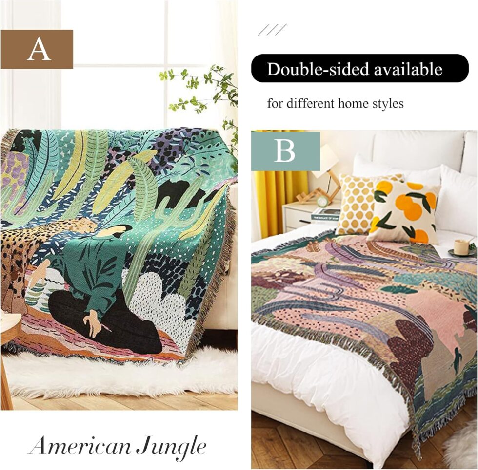 Double-Sided Cotton Woven Throw Blanket with Tassel Jungle Bohemian Style Tapestry Shawl Multi-Function Decorative Throws for Sofa Bed Armchair Camping Blanket Tablecloth Carpet 160x130cm