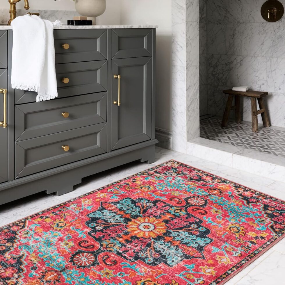 Wonnitar Boho Area Rug, Washable 3x5 Rug for Bedroom Hot Pink Floral Bathroom Throw Rug Non-Slip Vintage Bath Math, Oriental Soft Indoor Carpet for Entry Nursery Girls Room (Hot Pink,3'x5')