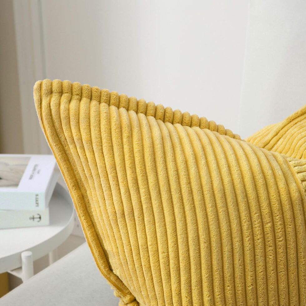 HAUSSY Mustard Yellow Throw Pillow Covers 20x20 Inch Set of 2,Soft Solid Corduroy Striped/Wide Bordered,Square Decorative Cushion Case,Spring Home Decorations for Couch,Bed