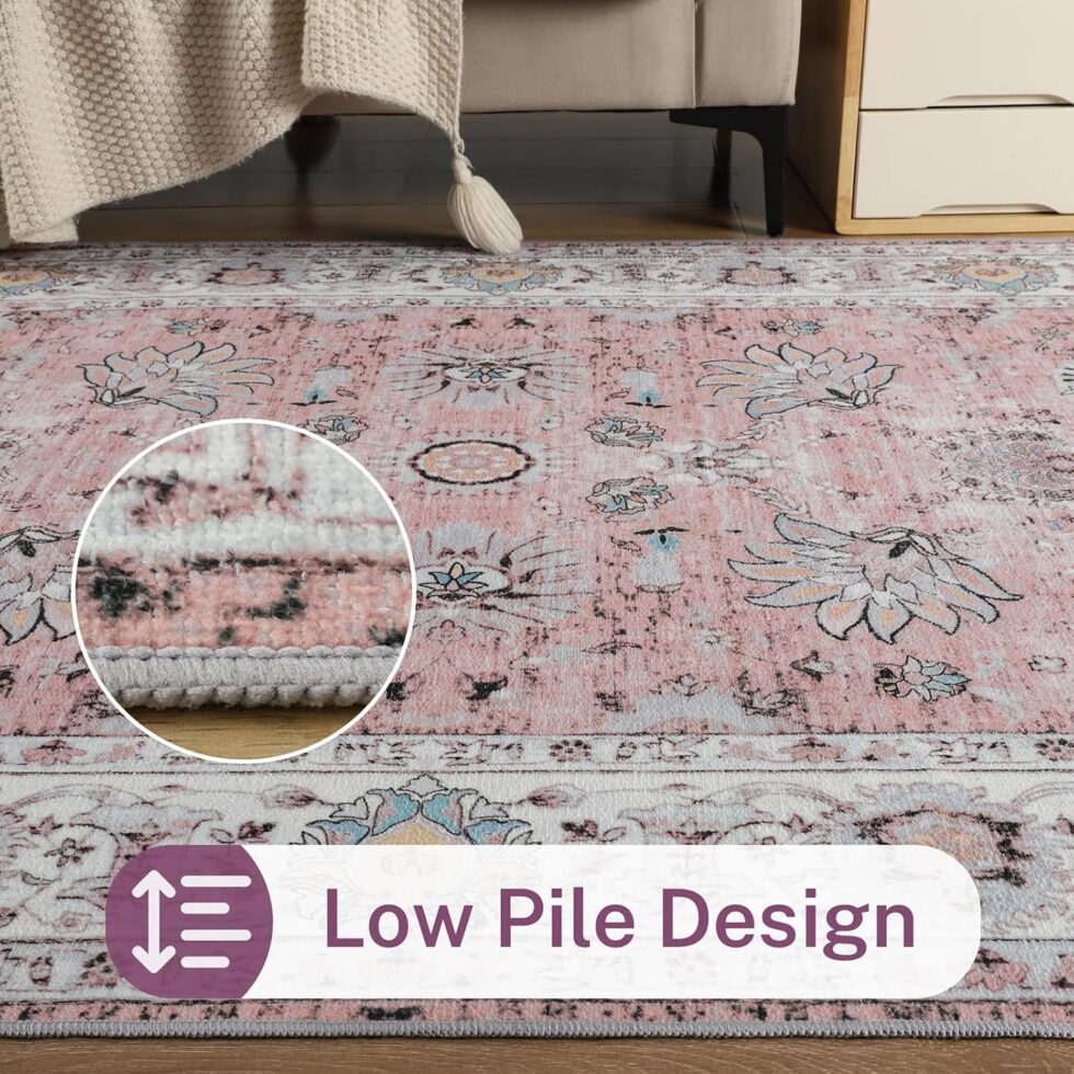 Machine Washable Rug 4x6 Boho Area Rug, Pink Rugs for Bedroom Girls Bedside Living Room Dining Room Office, Anti Slip Low-Pile Stain Resistant Printed Vintage Floral Carpet