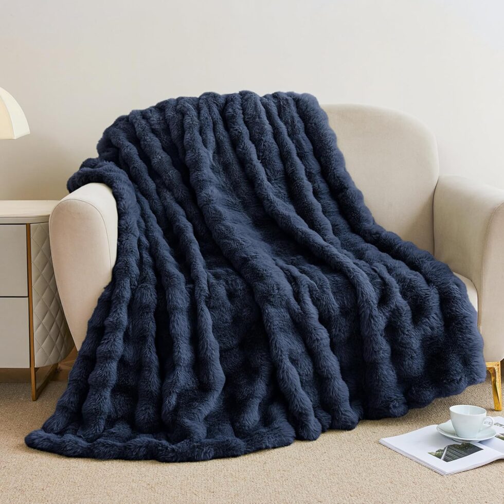 Faux Rabbit Fur Throw Blanket for Couch, Fluffy Warm Plush Thick Bubble Blanket for Bed Sofa Living Room, Soft Cozy Furry Blanket, 50x60 inches, Navy Blue