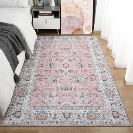 Machine Washable Rug 4x6 Boho Area Rug, Pink Rugs for Bedroom Girls Bedside Living Room Dining Room Office, Anti Slip Low-Pile Stain Resistant Printed Vintage Floral Carpet