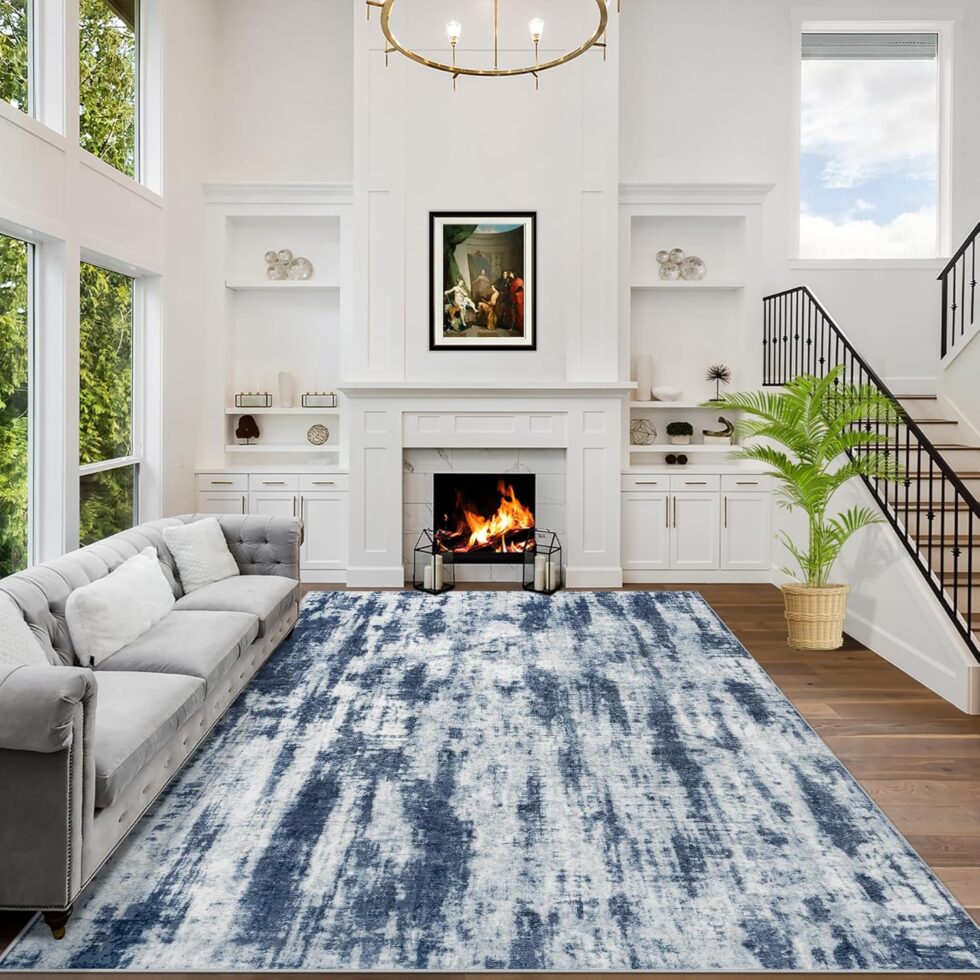 4x6 Area Rugs Washable Rug: Modern Abstract Living Room Rug Soft Anti-Skid Thin Carpet Indoor Floor Non-Shedding Carpets for Bedroom Dining Room Farmhouse Nursery Home Office Blue Grey