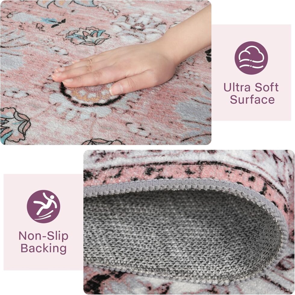 Machine Washable Rug 4x6 Boho Area Rug, Pink Rugs for Bedroom Girls Bedside Living Room Dining Room Office, Anti Slip Low-Pile Stain Resistant Printed Vintage Floral Carpet