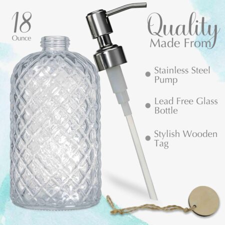 JASAI 18Oz Gem Patterned Clear Glass Soap Dispenser with Rust Proof Pump, Refillable Hand soap Dispenser for Kitchen, Premium Bathroom Soap Dispenser for Dish Soap, Hand soap, Lotion(Clear).