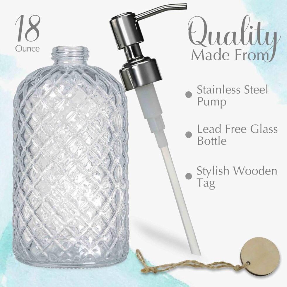JASAI 18Oz Gem Patterned Clear Glass Soap Dispenser with Rust Proof Pump, Refillable Hand soap Dispenser for Kitchen, Premium Bathroom Soap Dispenser for Dish Soap, Hand soap, Lotion(Clear).