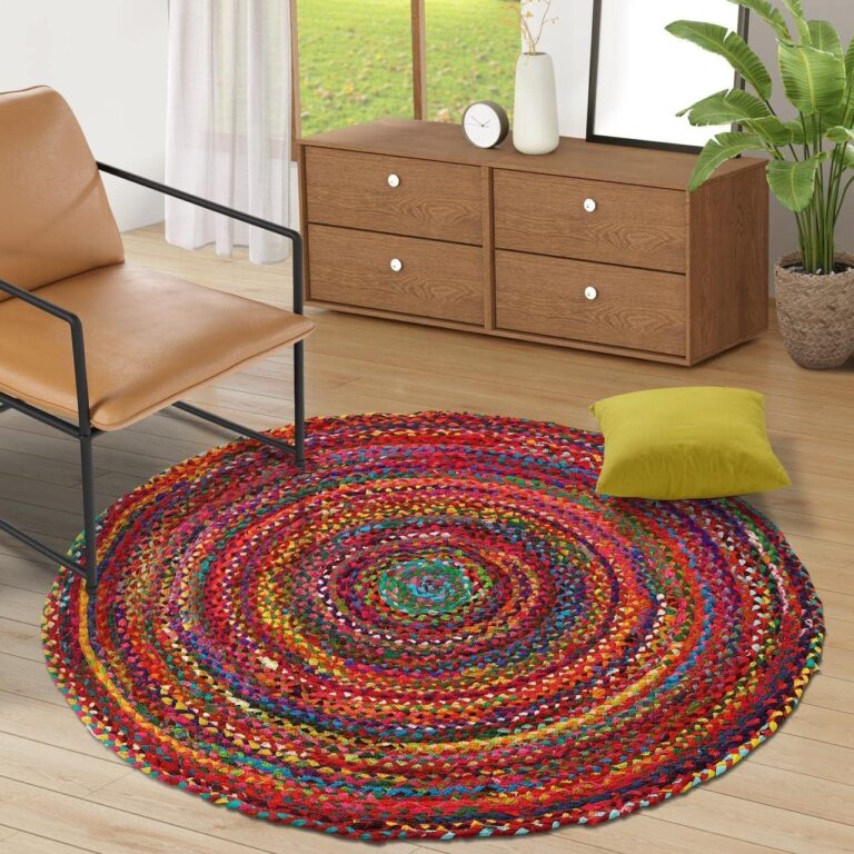 GRUHUM Round Jute Cotton Area Rug 8ft Handwoven Natural Fiber Multicolour Farmhouse Cotton Area Rug Soft Braided Rustic Vintage -Indoor EcoFriendly Kitchen Bedroom Living Hallways Enterways 8'ft Round