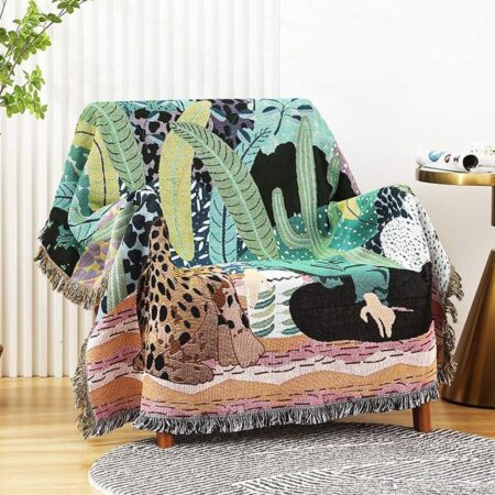 Double-Sided Cotton Woven Throw Blanket with Tassel Jungle Bohemian Style Tapestry Shawl Multi-Function Decorative Throws for Sofa Bed Armchair Camping Blanket Tablecloth Carpet 160x130cm