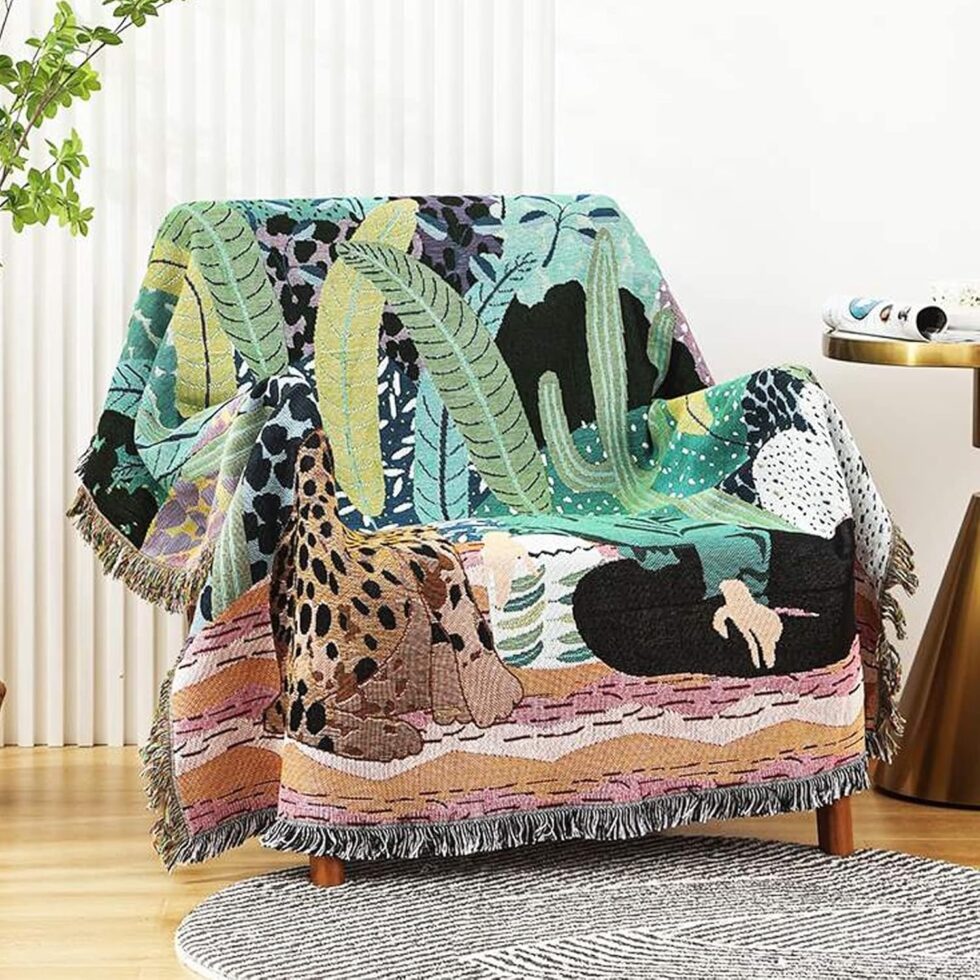 Double-Sided Cotton Woven Throw Blanket with Tassel Jungle Bohemian Style Tapestry Shawl Multi-Function Decorative Throws for Sofa Bed Armchair Camping Blanket Tablecloth Carpet 160x130cm