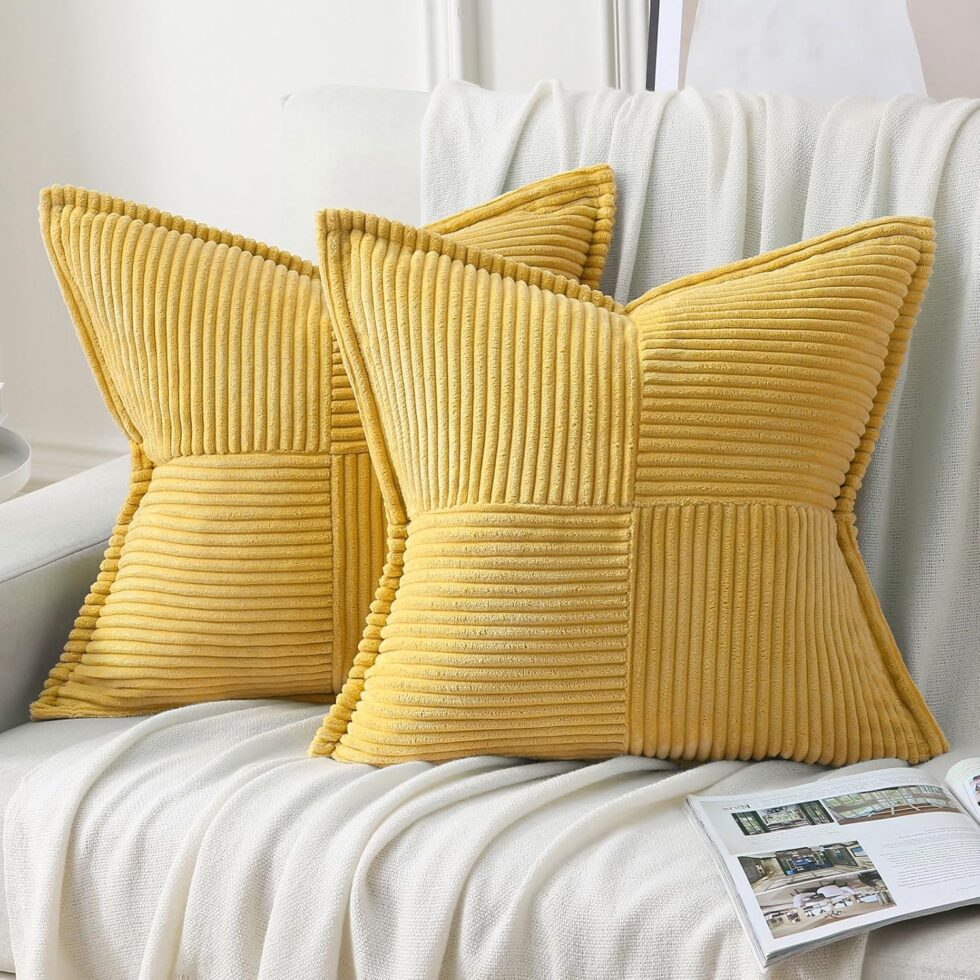 HAUSSY Mustard Yellow Throw Pillow Covers 20x20 Inch Set of 2,Soft Solid Corduroy Striped/Wide Bordered,Square Decorative Cushion Case,Spring Home Decorations for Couch,Bed