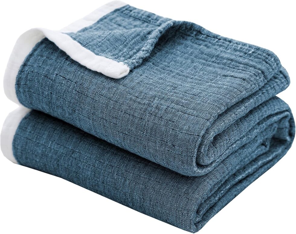 SE SOFTEXLY Cotton Muslin Throw Blanket for Adults,Breathable 4-Layer Yarn Dyed Linen Texture Gauze Blanket for Bed Sofa Couch,Super Soft Light Weight Blanket for All Season（50"x60",Vintage Blue）