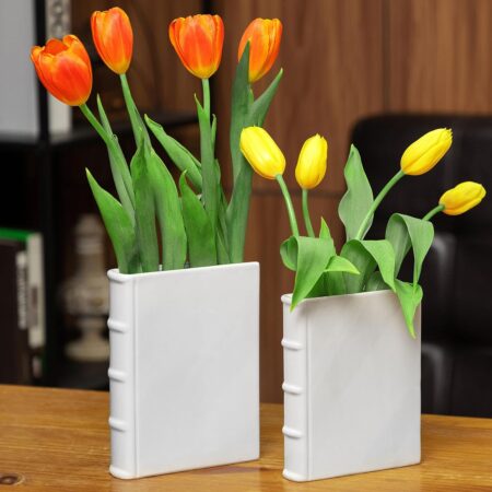 Set of 2 Ceramic Book vase for Flowers 8 and 7 inch Tall - Exquisitely Crafted for Unique Home Book Decor Accents - Elegant and Stylish Literary Inspired Book Flower vase for Book Lovers