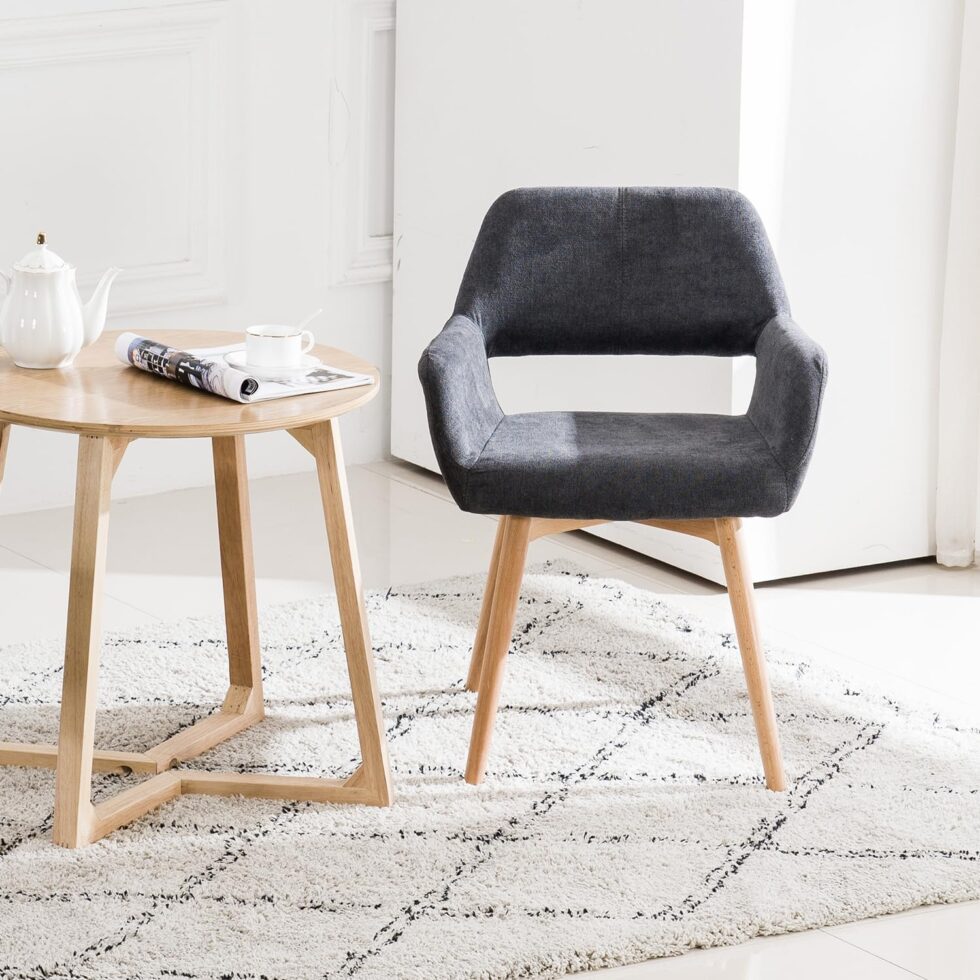 Desk Chair No Wheels Vanity Chair Comfy Accent Chair for Living Dining Room Bedroom Home Office Mid Century Modern Upholstered Armchair with Wood Legs (Charcoal, 1)