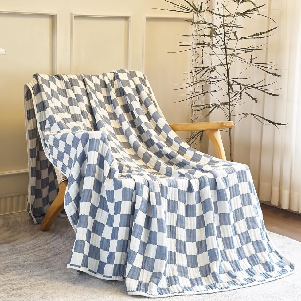 6-Layer Gauze Muslin Blanket 100% Cotton Blue Checkerboard Queen Size 90"x90" Cooling Throw Blanket Lightweight Soft and Breathable Cozy Blanket Bed Coverlet Both Sides (Blue Checkerboard, Queen)