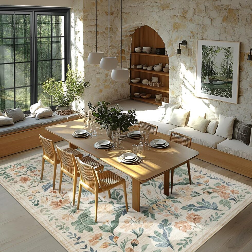 8x10 Area Rugs Washable Rug: Lagre Boho Living Room Rug Soft Anti-Skid Thin Carpet Indoor Floor Non-Shedding Neutral Floral Carpets for Bedroom Dining Room Farmhouse Nursery Beige