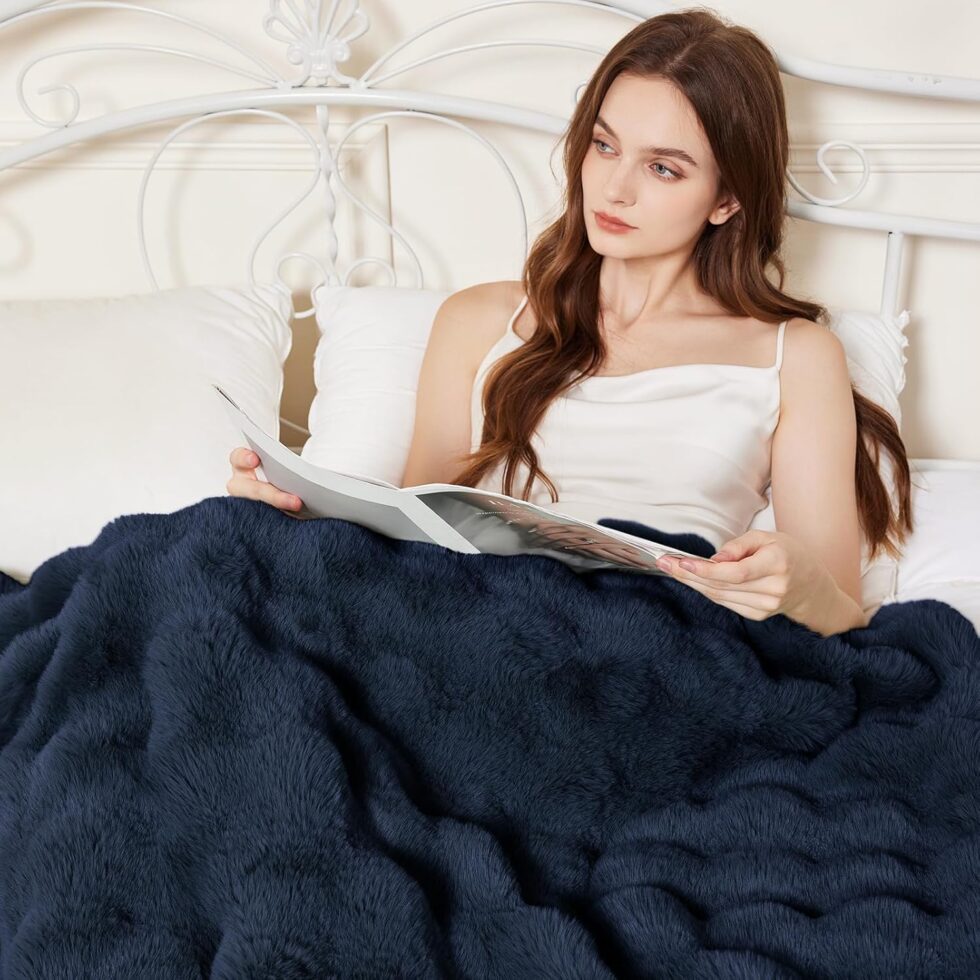 Faux Rabbit Fur Throw Blanket for Couch, Fluffy Warm Plush Thick Bubble Blanket for Bed Sofa Living Room, Soft Cozy Furry Blanket, 50x60 inches, Navy Blue